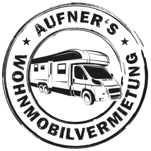 Ein rundes Logo mit dem Schriftzug Aufner's Wohnmobilvermietung und in der mitte eine Strichzeichnung eines Wohnmobils.